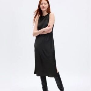 GAP Black Satin Sheath Midi Dress w/Side Slit